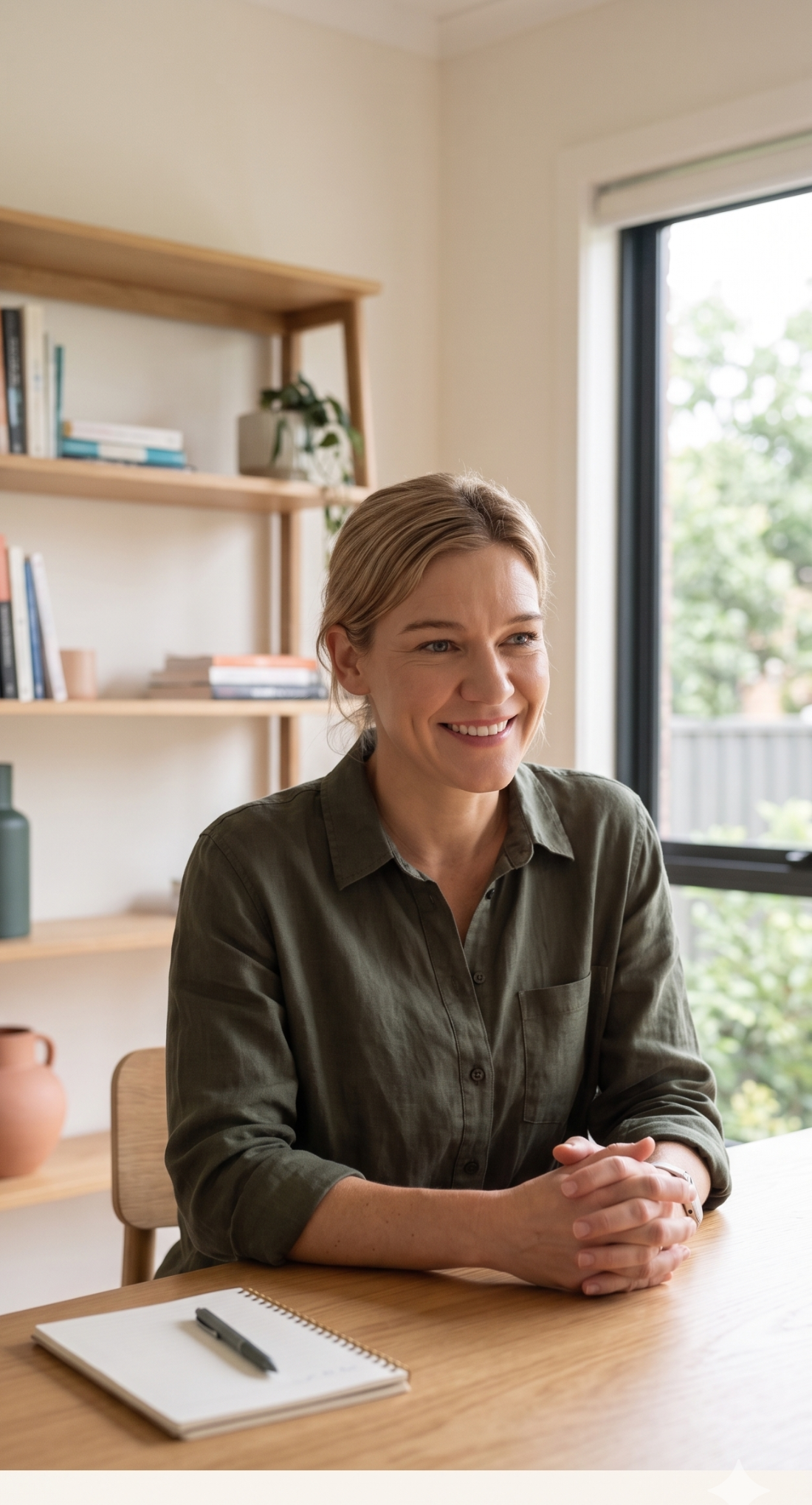 Rebecca Zeeman, AMHSW, seated at a wooden desk in natural light.